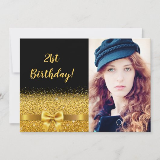 21歳の誕生日パーティーブラック金ゴールドフォトグラム 招待状 (正面)