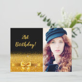 21歳の誕生日パーティーブラック金ゴールドフォトグラム 招待状 (スタンド正面)