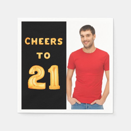 21歳の誕生日パーティーブラック金ゴールド写真ガイ スタンダードカクテルナプキン (正面)