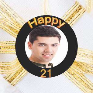 21歳の誕生日パーティーブラック金ゴールド写真 ラウンドシール