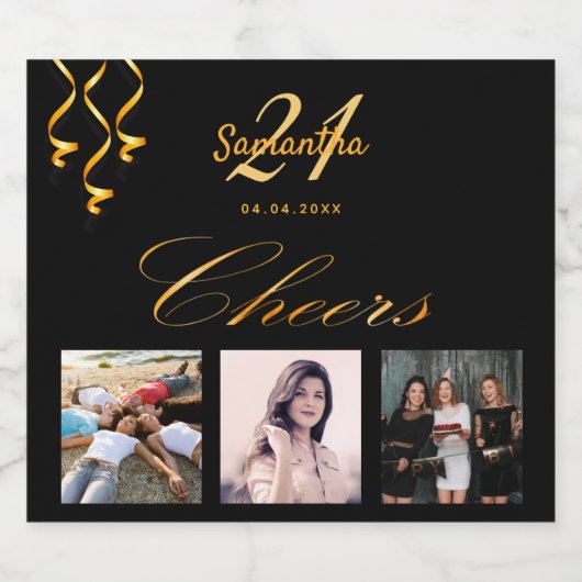 21歳の誕生日パーティーブラック金ゴールド応援写真 スパークリングワインラベル (シングルラベル)