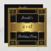 21歳の誕生日パーティーブラック金ゴールド 招待状 (正面/裏面)