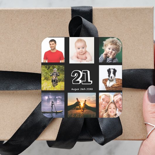 21歳の誕生日パーティーブラック・フォト・コラージュ・ガイ スクエアシール