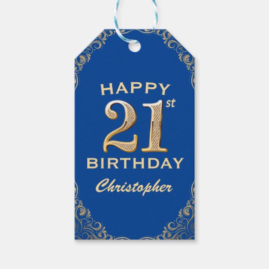 21歳の誕生日パーティーブルーと金ゴールドグリッターフレーム ギフトタグ (正面)