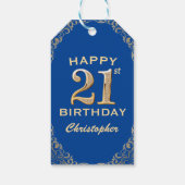 21歳の誕生日パーティーブルーと金ゴールドグリッターフレーム ギフトタグ (裏面)