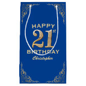21歳の誕生日パーティーブルーと金ゴールドグリッターフレーム スモールペーパーバッグ (正面)