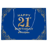21歳の誕生日パーティーブルーと金ゴールドグリッターフレーム ラージペーパーバッグ (正面)