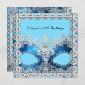 21歳の誕生日パーティーブルーホワイトダイヤモンドマスク 招待状 (正面/裏面)