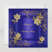 21歳の誕生日パーティーブルー王室の金ゴールドダイヤモンド 招待状 (正面)