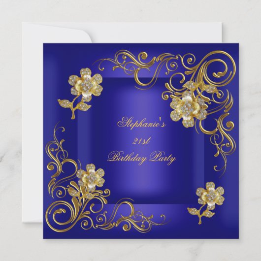 21歳の誕生日パーティーブルー王室の金ゴールドダイヤモンド 招待状 (正面)