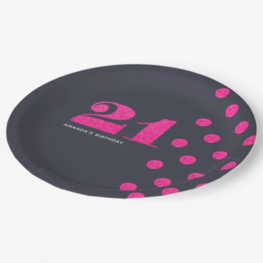 21歳の誕生日パーティーホットピンクグリッター パーソナライズされた ペーパープレート (アングル)