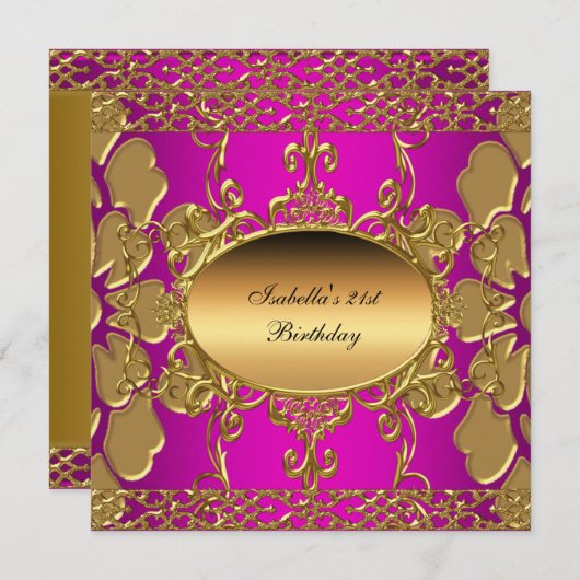 21歳の誕生日パーティーホットピンク金ゴールド花開き金ゴールド 招待状 (正面/裏面)