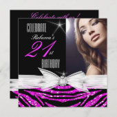 21歳の誕生日パーティーホットピンク21ゼブラ写真3 招待状 (正面/裏面)