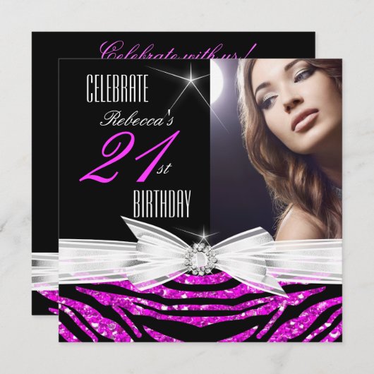 21歳の誕生日パーティーホットピンク21ゼブラ写真3 招待状 (正面/裏面)