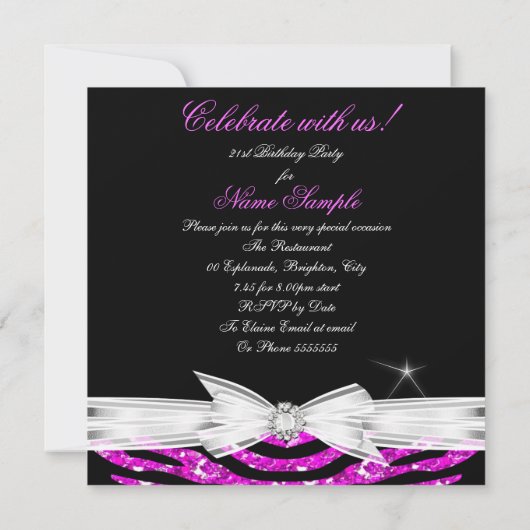 21歳の誕生日パーティーホットピンク21ゼブラ写真3 招待状 (裏面)