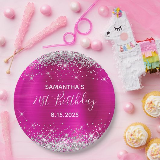 21歳の誕生日パーティーホットピンク&シルバーグリッター ペーパープレート (パーティー)