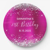 21歳の誕生日パーティーホットピンク&シルバーグリッター ペーパープレート (正面)