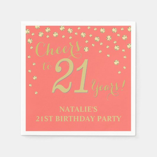 21歳の誕生日パーティーホワイトとコーラルダイヤモンド スタンダードカクテルナプキン (正面)