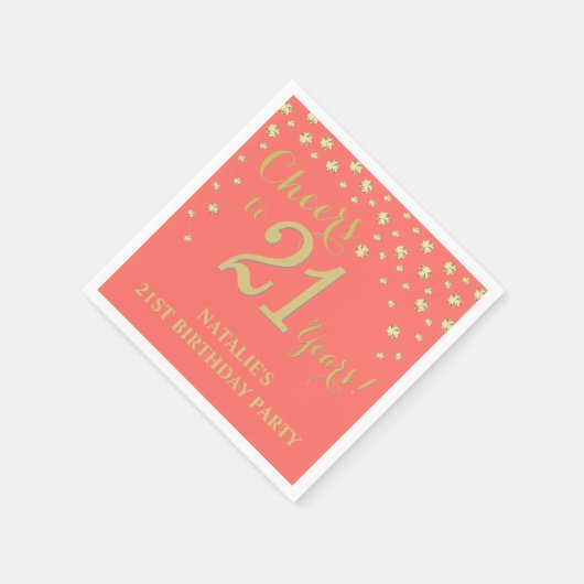 21歳の誕生日パーティーホワイトとコーラルダイヤモンド スタンダードカクテルナプキン (角)