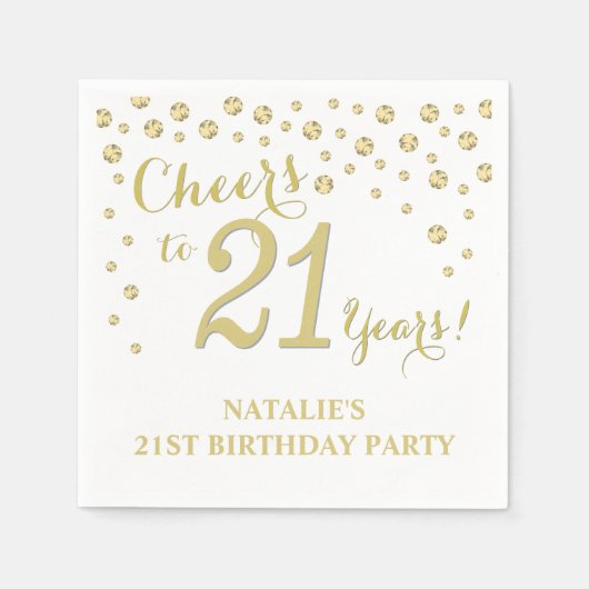 21歳の誕生日パーティーホワイトダイヤモンドと金ゴールドダイヤモンド スタンダードカクテルナプキン (正面)