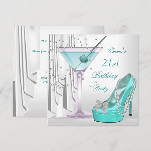 21歳の誕生日パーティーホワイトティール（緑がかった色）マルティニパールシューズ 招待状 (正面/裏面)