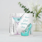21歳の誕生日パーティーホワイトティール（緑がかった色）マルティニパールシューズ 招待状 (スタンド正面)