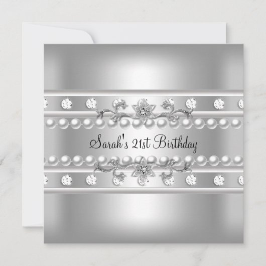 21歳の誕生日パーティーホワイトパールダイヤモンドシルバー 招待状 (正面)