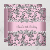 21歳の誕生日パーティーホワイトパールピンクレースシルバー 招待状 (正面/裏面)