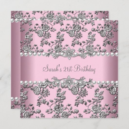 21歳の誕生日パーティーホワイトパールピンクレースシルバー 招待状 (正面/裏面)