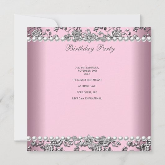 21歳の誕生日パーティーホワイトパールピンクレースシルバー 招待状 (裏面)