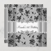 21歳の誕生日パーティーホワイトパールブラックレース 招待状 (正面/裏面)