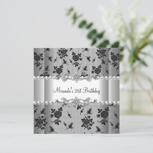21歳の誕生日パーティーホワイトパールブラックレース 招待状 (スタンド正面)