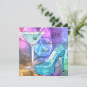 21歳の誕生日パーティーホワイトピンクティール（緑がかった色）マルティーニシューズ 招待状 (スタンド正面)