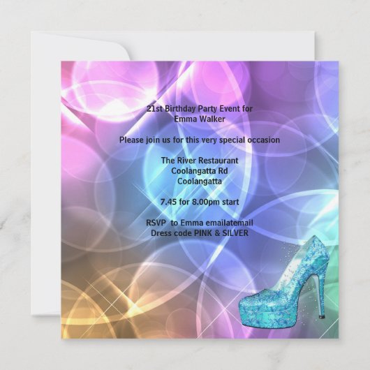 21歳の誕生日パーティーホワイトピンクティール（緑がかった色）マルティーニシューズ 招待状 (裏面)