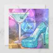21歳の誕生日パーティーホワイトピンクティール（緑がかった色）マルティーニシューズ 招待状 (正面)