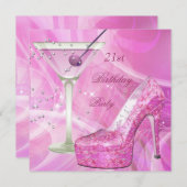 21歳の誕生日パーティーホワイトピンクマルティニ靴 招待状 (正面/裏面)
