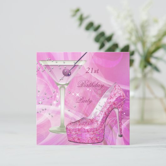 21歳の誕生日パーティーホワイトピンクマルティニ靴 招待状 (スタンド正面)
