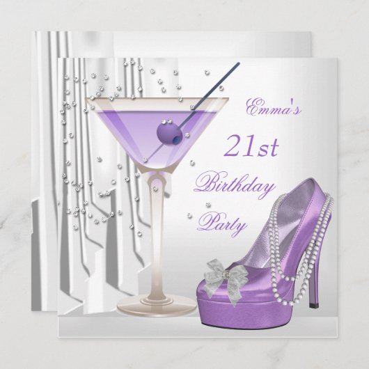 21歳の誕生日パーティーホワイト薄紫マルティーニパールシューズ 招待状 (正面/裏面)