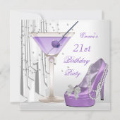 21歳の誕生日パーティーホワイト薄紫マルティーニパールシューズ 招待状 (正面)