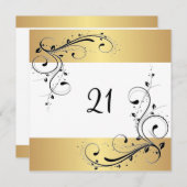 21歳の誕生日パーティーホワイト金ゴールドブラックフローラ 招待状 (正面/裏面)