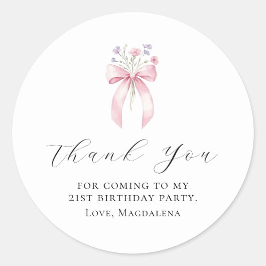 21歳の誕生日パーティーボウカスタムありがとう ラウンドシール (正面)