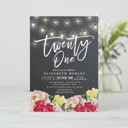 21歳の誕生日パーティーモダン花束灯 招待状 (スタンド正面)