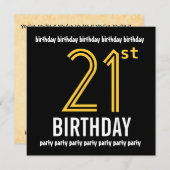 21歳の誕生日パーティーモダン金ゴールドと黒 招待状 (正面/裏面)