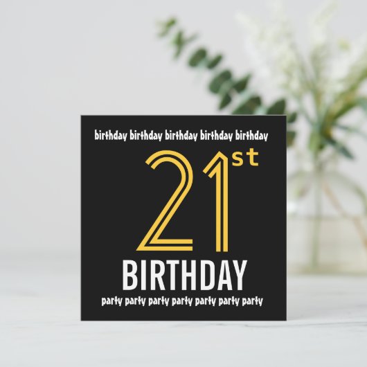 21歳の誕生日パーティーモダン金ゴールドと黒 招待状 (スタンド正面)
