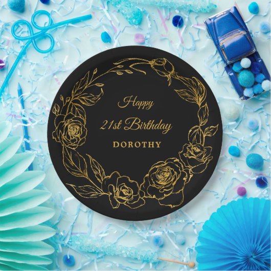 21歳の誕生日パーティールクセ金ゴールドバラフローラブラック ペーパープレート (パーティー)