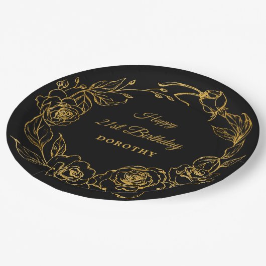 21歳の誕生日パーティールクセ金ゴールドバラフローラブラック ペーパープレート (アングル)