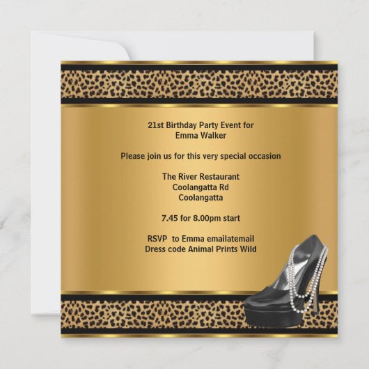 21歳の誕生日パーティーレオパード飲料シューズ 招待状 (裏面)
