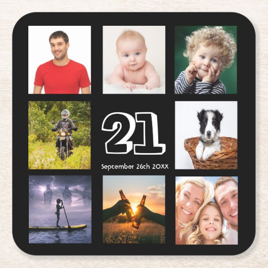 21歳の誕生日パーティー写真コラージュ男ブラック スクエアペーパーコースター (正面)