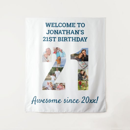 21歳の誕生日パーティー写真コラージュ背景 タペストリー (正面)