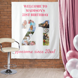 21歳の誕生日パーティー写真コラージュ背景 ピンク タペストリー